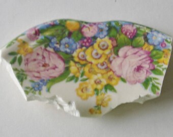 Craft Supplies - Mosaic Focal Piece - Yellow Pink Roses w Flowers-Broken Plate Pieces - Vintage Tessera Piece