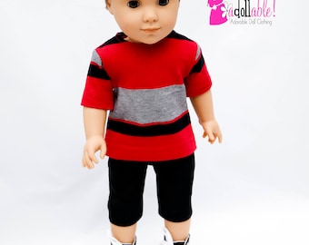 18 inch boy doll clothes, boy doll clothing made to fit like american girl doll clothes, red/black striped T-shirt and black Bermuda shorts