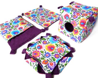 Rat hammock set - 4 hammocks: cube, honeycomb, pocket, rectangle. Flowers and purple. Hammocks for rodents, pet rat accessories.