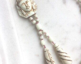 Vintage Czech Neiger Egyptian Revival Pharaoh Uranium Glass Bead Necklace