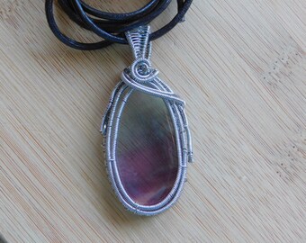 Fluorite Cab Titanium Parawire Wire Wrapped Pendant Handcrafted Silver Jewelry Handmade Renaissance Clear Rainbow Crystal Healing Amulet