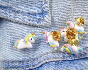 Rainbow Unicorn Pin - Cute Polymer Clay Shiny Unicorn Miniature Accessory - Girl Gift - Kawaii Unicorn Lover Gift - White Rainbow Gold