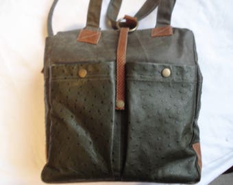 Coated linen and genuine ostrich leather large bag