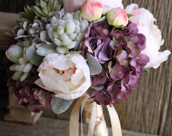 Blush Peonies, Plum Hydrangea, Succulents Silk Wedding Bouquet