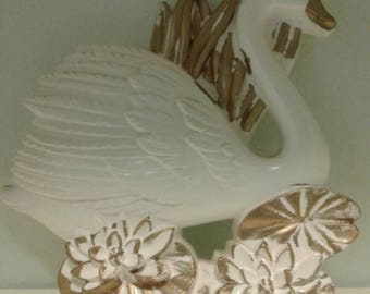 Mid century wall swan....chalkware....white and gold....detailed