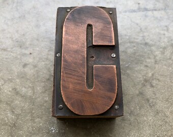 Antique Copper on wood Printers Block - Letter C