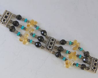 Vintage Barse Sterling Silver Bracelet Faceted Real Gemstones Triple Strand