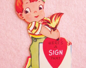 Vintage Valentine's Day Card Unused Mechanical Die Cut Valentine Boy Artist Painting a Sign with a Paintbrush for his Love Made in the USA