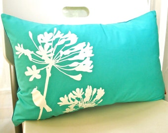 Mint Green Print Cardinal on Agapanthus Rectangle Pillow READY TO SHIP