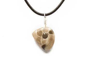 Petoskey Stone Necklace Matte Petoskey Stone Jewelry Pendant Michigan Coral Fossil Beach Stone Leather Silver Gift for Women Her ET221