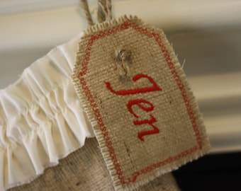Personalized Embroidered Burlap Stocking Tag, Reusable Gift Tag