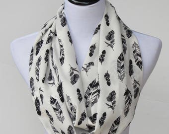 Feathers scarf feather print infinity scarf ivory white black feather scarf bohemian LONG scarf loop scarf, traditional circle scarf