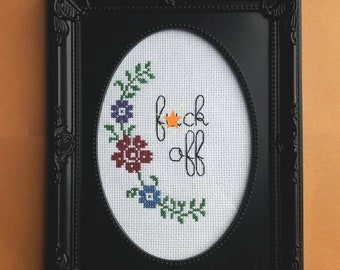 F*ck off completed cross stitch, birthday gift, funny subversive profanity