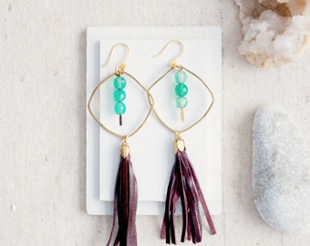 Green Opal and Tassel chandeliers, Tassel Chandelier Earrings, Gift for her, statement Chandeliers, Blue Chandelier Earrings