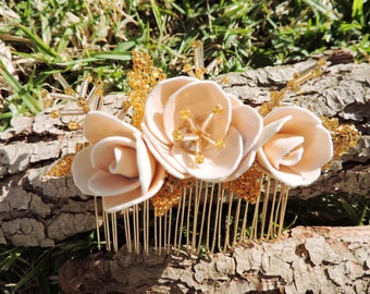 Bridal hair comb Flower hair piece jewelry Beaded hair comb with golden beaded leaves and branches