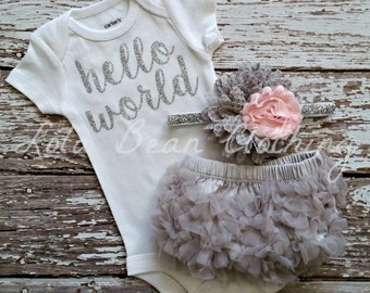 Hello World Take Home Outfit Baby Girl Take Home Outfit Newborn Baby Girl Hello World Bodysuit Grey Bloomers Pink & Grey Headband Set