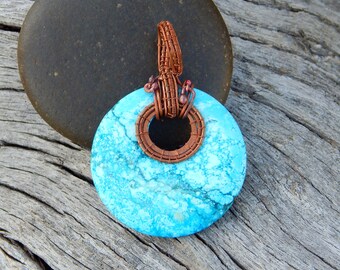 Gemstone donut, wire wrapped donut, donut pendant, boho necklace, wire wrapped pendant, magnesite pendant, blue gemstone, donut necklace