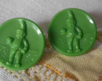 Set of 2 VINTAGE Green Glass Gnome BUTTONS