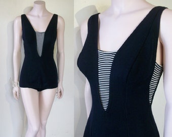 Nautical 1950s swimsuit w/breton stripe panels bust 35"-36"