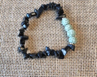 Green Lava Rock Beads - Black Glass Beaded Bracelet