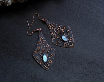 Birthday gifts-for-her Copper dangle earrings Moon stone drop earrings Natural stone statement earrings Antique copper earrings patina
