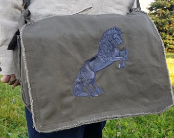 Rearing Friesian embroidered messenger bag