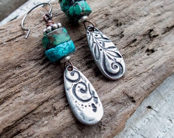 Wabi Sabi Earrings || Mixed Match Earrings | Pewter and Turquoise | Earthy | Organic | Boho | Hippie | Limited Edition | Earrings Under 25