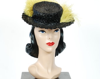 Vintage 1940s Tilt Hat - Jaunty Black Cellophane 40s Tilt Topper with Huge Chartreuse Feather