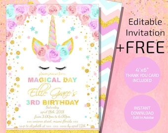Unicorn Invitation, Unicorn Birthday Invitation, Glitter Unicorn Invitation, Floral Unicorn Invite Instant Download, Magical Unicorn Digital