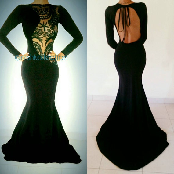 Prom Custom sexy open back lace embroidery mermaid long sleeve