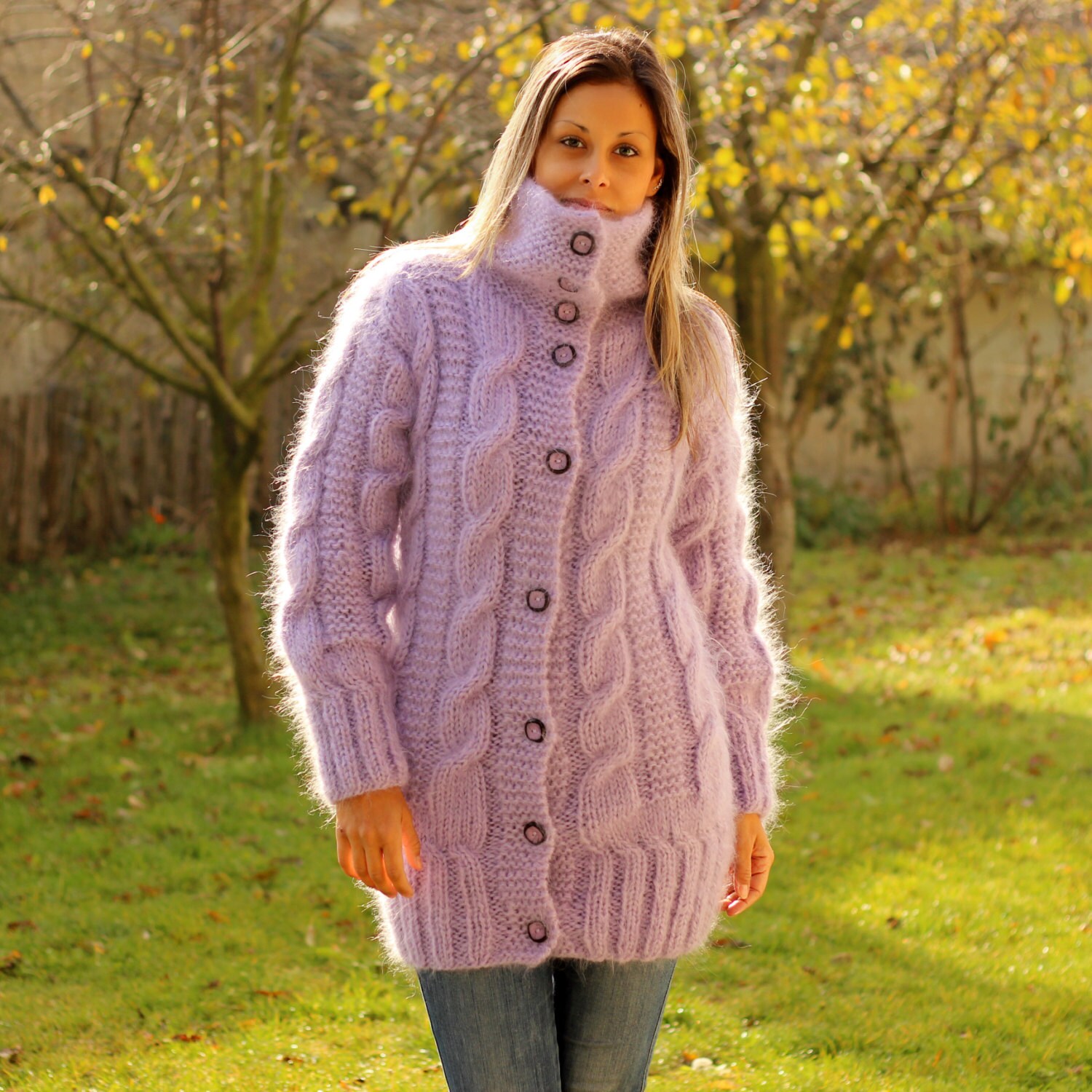 Hand Knit Mohair Cardigan Turtleneck Light Lilac Thick Fuzzy