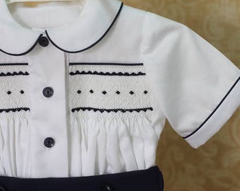 Heirloom, Smocked button-up shirt for baby boys, White smocked boys suit, Classic shirt, Hand smocked shirt