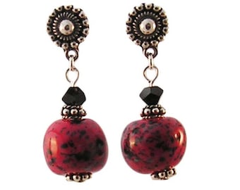 Red and Black Silver Post Earrings - Red and Black Kazuri Earrings - Kazuri Post Earrings