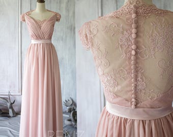 Blush Chiffon Lace Bridesmaid Dress, Cap Sleeve Wedding Dress, Party Dress, Long Formal Dress Floor Length (F120A)-Renzrags