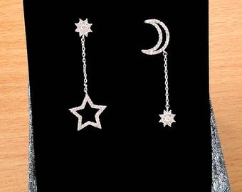 Bridal Earrings Wedding Earrings Crescent Moon and Star Earrings Long Earrings Birthday Gift Chain Earrings Delicate Geometric Earrings Moon