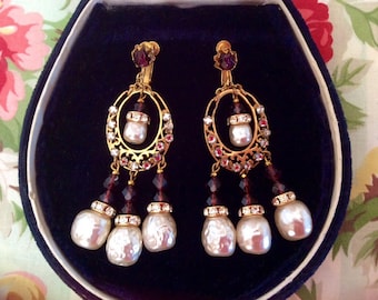 Glamorous Signed Miriam Haskell Earrings Chandelier Earrings Amethyst Stones Baroque Pearls Vintage Jewelry