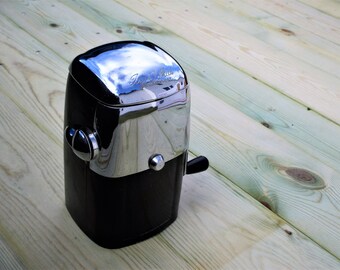 Mid-Century Rival ICE-O-MAT Model 455 Vogue Chrome And Red Hand Crank Ice Crusher And Bucket Cocktail Lounge