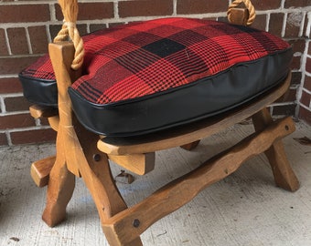 SOLD —— Vintage camel saddle bench heavy sturdy carved wood