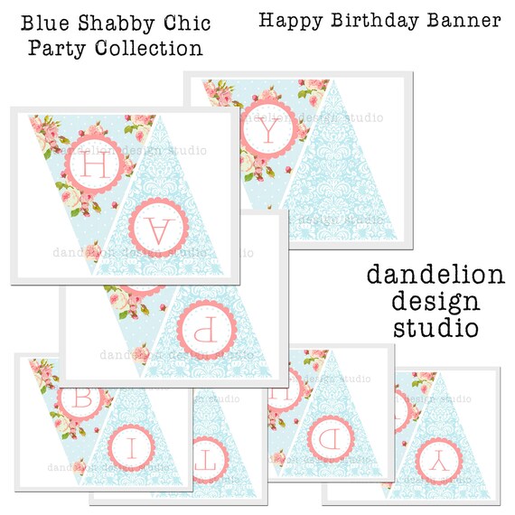 PRINTABLE Happy Birthday Banner Blue Shabby Chic Party