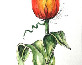 Tulip flower original art watercolor art painting pen and ink watercolor flower tulip hand painted