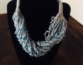 Handmade statement necklace chunky multi-strand beaded one of a kind special crocheted handcrafted