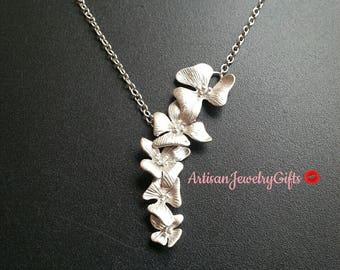 Matte Silver Orchids Necklace Silver Cascading Orchids Lariat Necklace Silver Orchid Necklace Bridal Necklace Bridesmaid Necklace