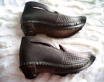 1800s WOOD LEATHER SHOES/Clogs Hand Made Hobnail English