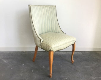 vintage stripe occasional chair. mid century slipper chair. green blue striped armless chair. retro furniture.