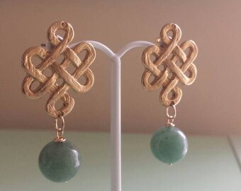 Gold Chinese Knot Green Jade Bead Earrings, Jade Earrings, Asian Style Earrings, Chinese Knot Earrings, Asian Inspired Earrings