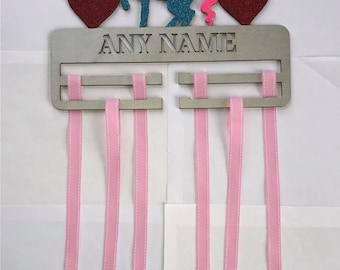 Personalised Bow/Medals Holder, With Unicorn and Love Hearts On Top