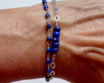 Lapis Lazuli Bracelet, Double Strand Lapis Lazuli Tassel Bracelet, Sterling Silver Lapis Gemstone Tassel Bracelet - Blue Tassel Bracelet