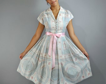 Vintage 50s Dress 50s Day Dress / Full Skirt Cotton Dress / Kimono Sleeve Retro Pastel Print Garden Party Tea Shirtwaist Day Dress XS / S