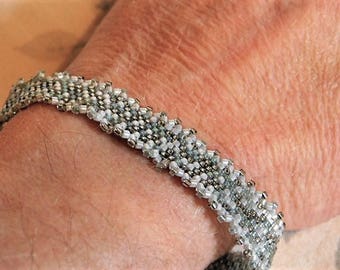 Silver Gray Narrow Peyote Stitch Handwoven Cuff Bracelet