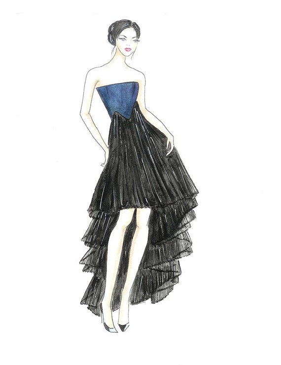 Dior Dress Fashion Illustration Watercolor Back and Navy